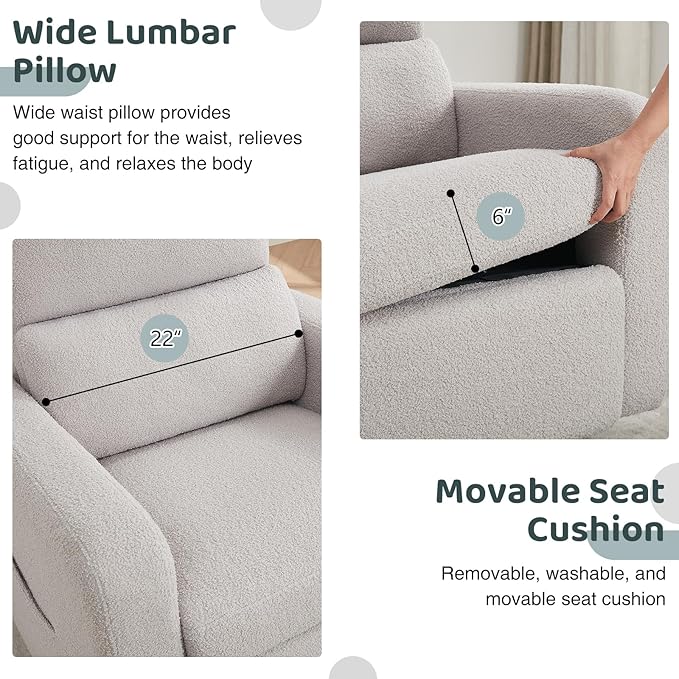 Swivel Rocker Recliner, Oversized Manual Nursery Glider Rocking Recliner with Removable Cushion, Upholstered Teddy Boucle Swivel Reclining Chair for Nursery Living Room Bedroom, Teddy Grey