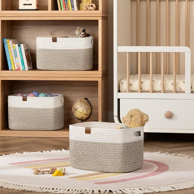 UBBCARE 4 Pack Baskets for Organizing, Woven Storage Baskets with Label for Toys and Towel, Rectangle Cotton Rope Basket with Handles, 15''L x10''W x9''H, White&Brown