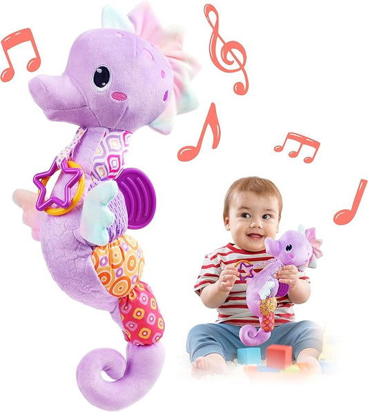 LIGHTDESIRE Baby Toys Musical Seahorse,Infant Stuffed Animals Toy with Crinkle & Rattles,Soft Sensory Toy with Textures,Newborn Toys for Baby Girls Boys 0 3 6 12 Months(Purple)