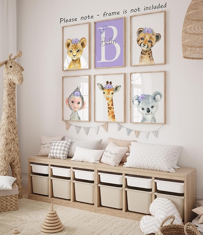 Personalized Safari Animals for Baby Girls Nursery, Set of 6 Unframed Poster Prints, Personalized Name Pink Lilac Floral, Girls Bedroom Decor, Elephant Giraffe (9x12)