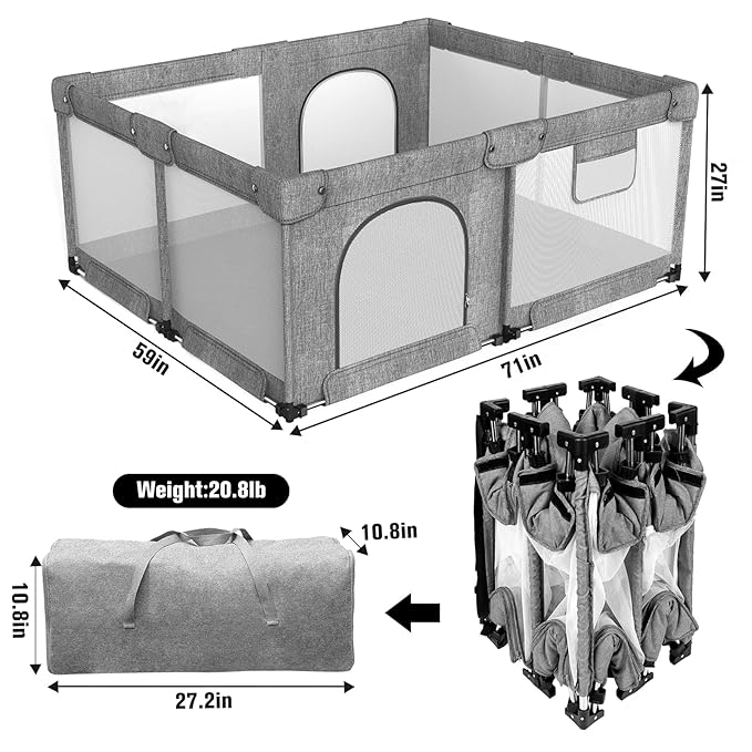 Foldable Baby Playpen with Gate, Extra Large Collapsible Play Yard for Babies & Toddlers, Portable Travel Play Pen with Fence, Safe Activity Center for Indoor & Outdoor Use (59"×71" Grey)