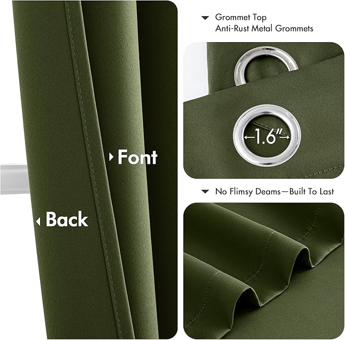 MIULEE Olive Green Blackout Curtains for Bedroom Living Room 96 Inches Long 2 Panels, Thermal Insulated Room Darkening Drapes Solid Grommet Top Noise Reducing Dark Green Window Treatments 40x96 Inch