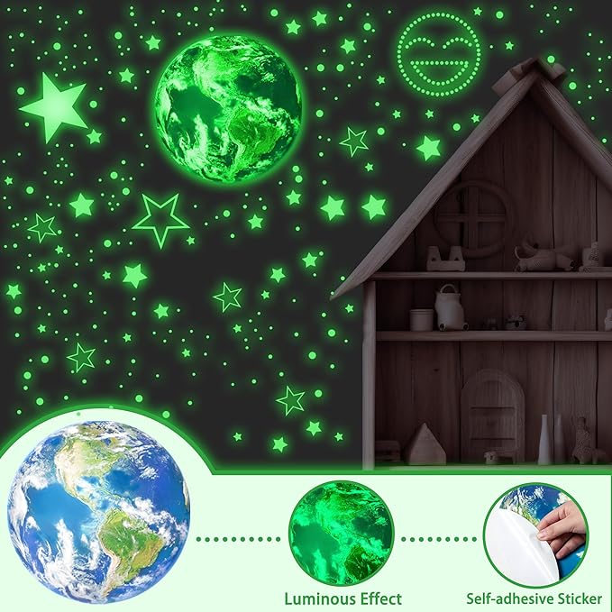 965 PCS Glow in The Dark Stars and Earth for Ceiling, Luminous Stars and Planet Wall Decals, Kids Room Decor, Glowing Galaxy Wall Stickers for Nursery Decorations (Green)