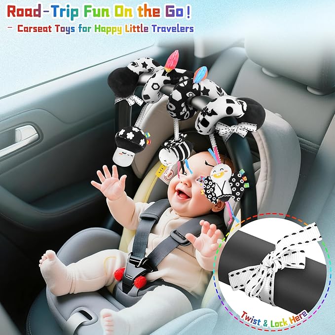 Spiral Car Seat Toys for Babies, 0-6 Months Stroller Pram Activity Hanging Toys High Contrast Black and White Sensory Toy, Newborn Soft Plush Travel Toy for Newborn Boys Girls Gift