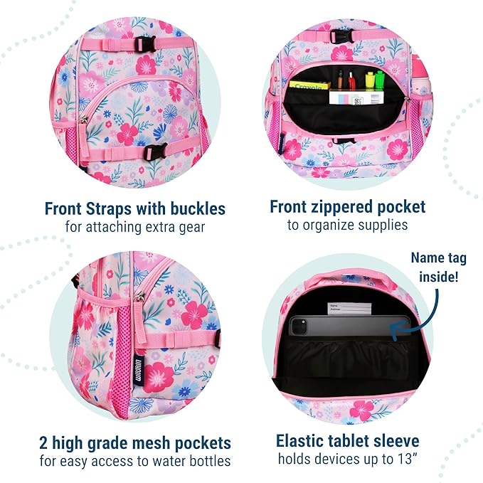 Wildkin ECO rPET 15-inch Kids Backpack – Sustainable, Padded, Adjustable – Pink Floral