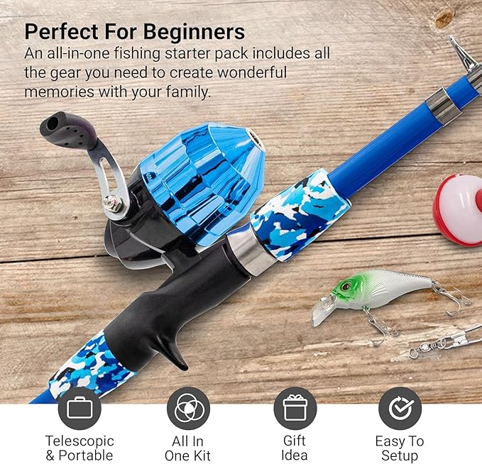 Kids Fishing Pole, Kids Portable Telescopic Fishing Rod Set, Tackle Box and Fishing Net Combo Kit, Kids Fishing Gear for Boys and Girls Age 5-10 and Youth