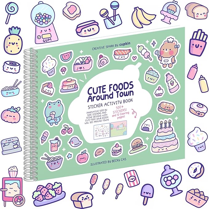 Girly Sticker Book Activity for Kids, Cute Foods Around Town by Cupkin, Toddler Airplane Travel Essentials, 500+ Stickers for Kids 12 Scenes + Coloring Book Pages, Crafts Ages 2-8