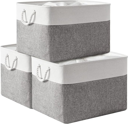 TheWarmHome Storage Bins Baskets for Organizing, 20.5L×15.7W×13.8H 3 Pack Sturdy Fabric Storage Basket W/Handles, Decorative Foldable Storage Baskets for Shelves Closet Nursery Toy (White & Grey)