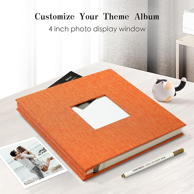 Spbapr Large Photo Album Self Adhesive 60 Pages Linen cover DIY Magnetic Scrapbook album with A Metal Pen Hold 3x5 4x6 5x7 6x8 8x10 Pictures Orange