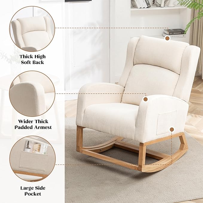 Rocking Chair Nursery, Nursing Rocking Chairs for Mom Nursery, Comfy Wingback Glider Rocking Armchair with Foot Rest and Side Pocket for Nursery Living Room Bedroom, Beige