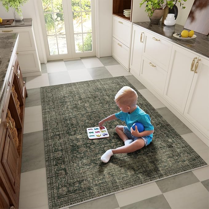 Machine Washable Throw Rugs for Entryway: Door Mat Indoor Entrance 3x5 Rug Boho Small Area Rug Non-Slip Low Pile Kitchen Rug for Front Door Indoor Entrance Entry Kids Room