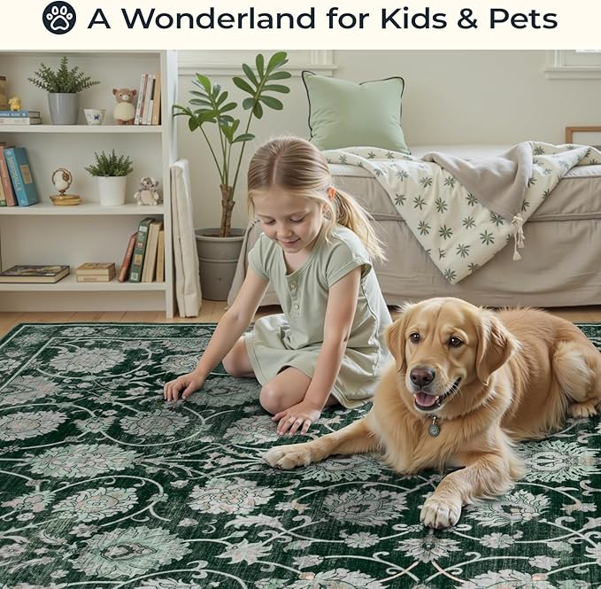 Floral Washable Area Rugs 5x7, Vintage Rug for Living Room, Large Bedroom Carpet, Non Slip Low Pile Ultra Soft Carpets for Indoor Dining Home Nursery Playroom Under Table, Dark Green