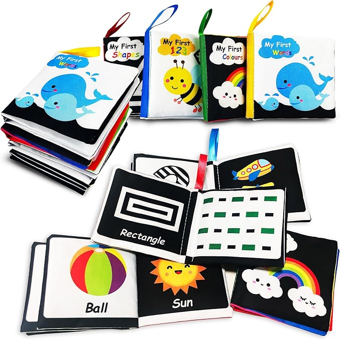 Soft Cloth Baby Book Toy 0-6 Months, Black White Baby Learning Book(Pack of 4),Touch and Feel Crinkle Book Infants 6-18 Months,Early Educational Toy 0-3 Months, Gift for Babies Infants