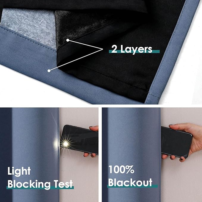 ChrisDowa 100% Blackout Curtains for Bedroom with Black Liner, 2 Thick Layers Total Blackout Thermal Insulated Grommet Window Curtains 2 Panels Set (Stone Blue, 52 x 84 Inch)
