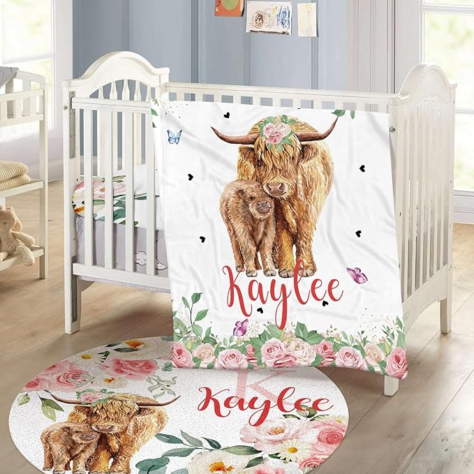 Personalized Baby Crib Bedding Set - Custom Name Highland Cattle Design 3 Pcs Set - Soft Blanket with Double Layer Dotted Backing, Fitted Sheet, Room Rug for Newborns Boys Girls Shower Gift