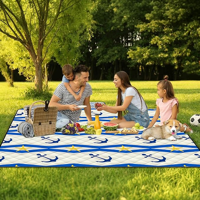 Poedist Extra Large Picnic Blanket Waterproof,80"x 80"Foldable Machine Washable Beach Blanket,Outdoor Blanket for 6-8 Adults,Suitable for Indoor Crawling,Park Beach,Camping,Hiking,Family Travel(Boat)