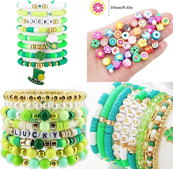 St.Patrick's Day Polymer Clay Beads Bracelet Making kit, 3480pcs 24 Style Cute Fun Beads Charms for Jewelry Necklace Earring Making DIY Accessories for Women Girls