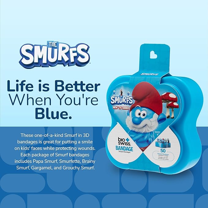 BioSwiss Bandages, The Smurfs in 3D Shaped Self Adhesive Bandage, Latex Free Sterile Wound Care, Fun First Aid Kit Supplies for Kids and Adults, 50 Count Plastic Case