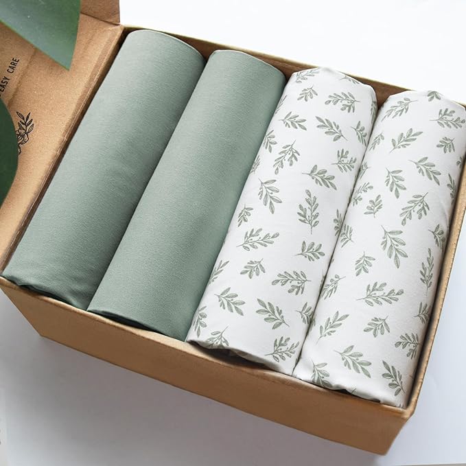 Crib Sheets 4 Pack for Baby Boys & Girls, Neutral Crib Sheet Fitted 52'' x 28'' for Standard Crib & Toddler Mattress, Ultra Soft Material Baby Sheet, Aqua Leaf