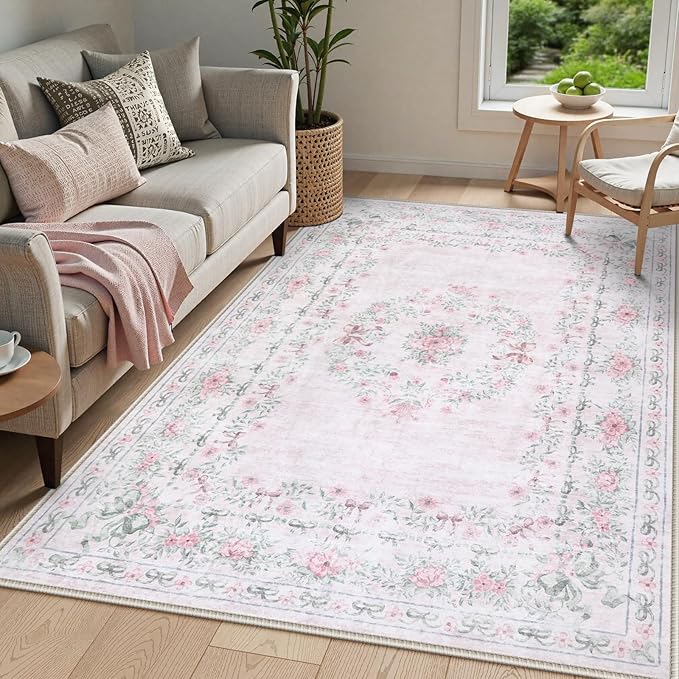 Wonnitar Floral Bow Pink Rug for Bedroom, Washable 5x7 Area Rug for Girls Nursery, Ultra-Thin Non Slip Soft Boho Carpet for Kids Room Dorm Living Room, Light Pink