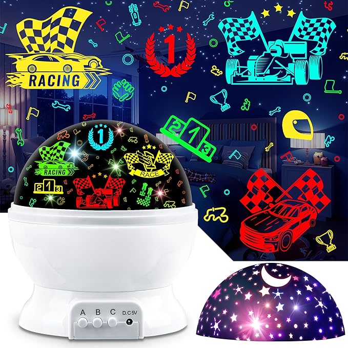 MOKOQI Race Car Night Light Projector Birthday Gifts Toys for Boys Age 3-5 Kids Car Nightlights 360 Degree Rotation with 17 Colors Changing Star Projector Ceiling Light Projector for Boys