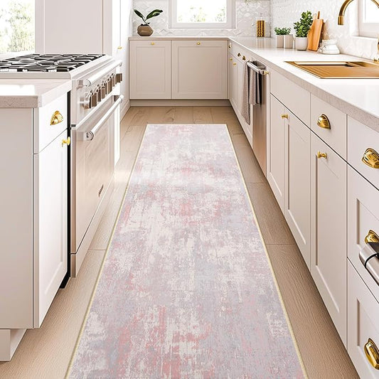 Washable Area Rugs 2'x8' Non-Slip Modern Abstract Soft for Living Room Entryway Bedroom Nursery, Print Pattern, Grey Pink