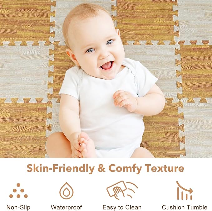 Skyweaver 36 Tiles Soft Non-Toxic Baby Play Mat for Floor EVA Foam Jigsaw Puzzle Play Mat, Interlocking Squares with 0.6inch for Babies, Toddlers & Kids Gym, Nursery, Playroom, Light Brown