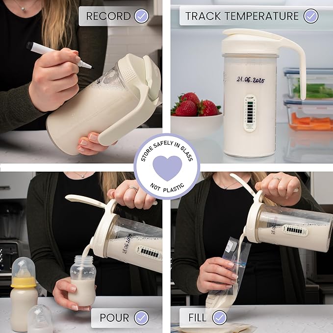 Masontops Breast Milk Storage Kit - 24oz Airtight Mason Jar with Handle, Marker & Stick-on Thermometer for New Moms