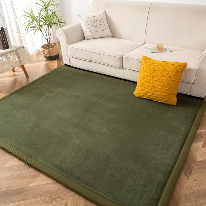 MAXYOYO Coral Velvet Area Rug, Thick Japanese Tatami Mat Living Room Carpet with Non-Slip Backing, Large Solid Color Mat for Bedroom Dormitory Yoga, Olive Green, 59"x 78"