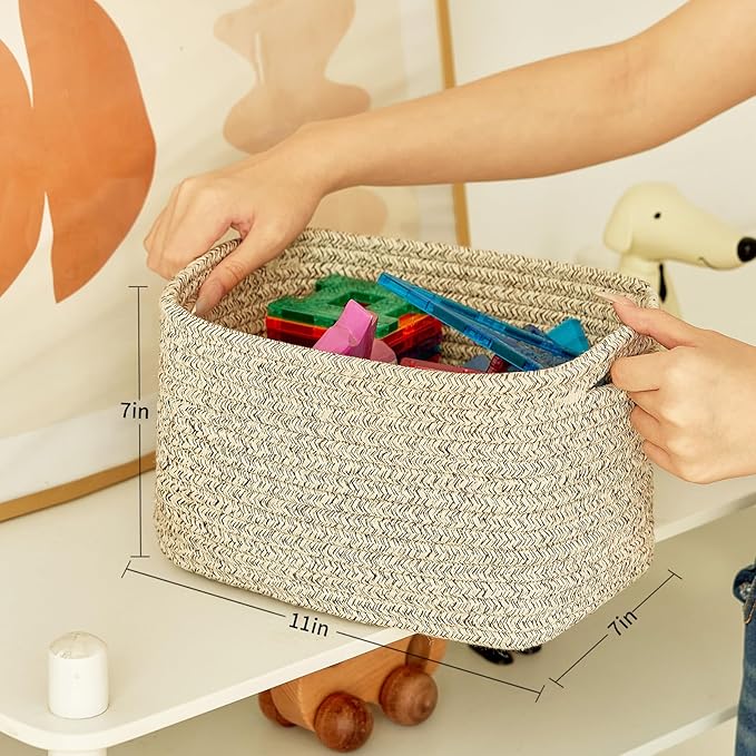 Small Cotton Rope Storage Basket Set of 3-11"x7"x7" Perfect Woven Baskets for Storage, Ideal Storage Baskets for Organizing Toys, Towels, and More - Baskets for Shelves and Home Decor（Beige）
