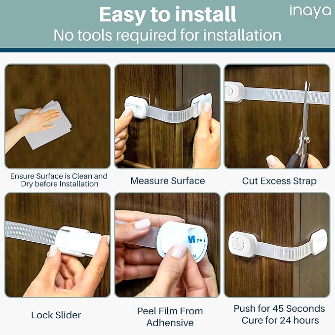 5-Pack Child Proof Cabinet Latches for Drawers, Cupboards, Fridge Toilet Seat, Dishwashers, Trash Can, Up to 37lb Pull Force - Adjustable Length, 3M Adhesive, No Drilling Child Safety Locks, White