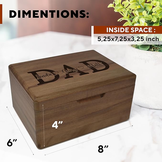 Unique Dad Gifts from Kids - Custom Acacia Wood Keepsake Box for Memories with Engraved Children Names, Personalized Gift Fathers Day from Daughter and Son, Dad Birthday Gift from Kids, 8x6x4 in