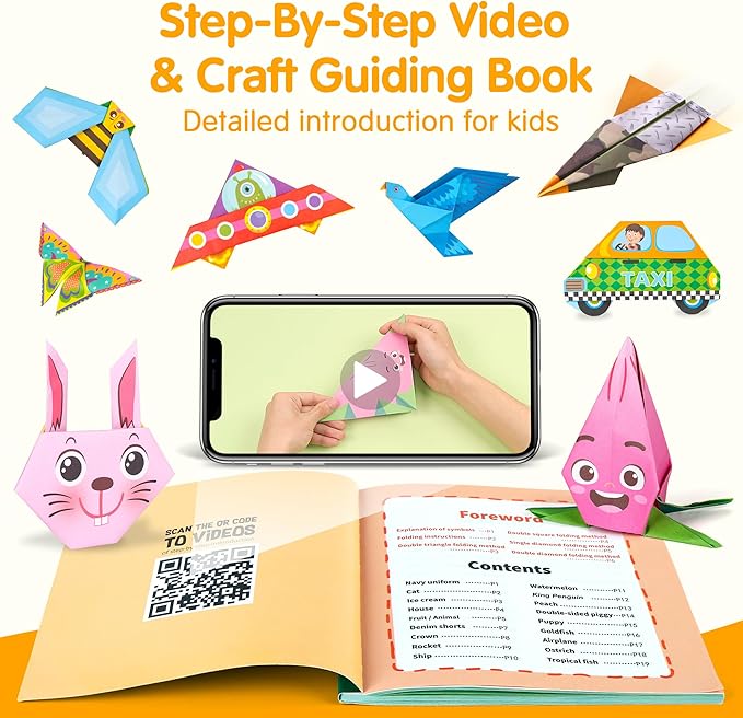 Mocoosy 224 Sheets Origami Paper Kit for Kids Ages 5-8 8-12, Color Folding Paper Set with Origami Book, Art Craft Supplies for Boys Girls 9-12, Travel Game Airplane Car Road Trip Activities Toy Gifts