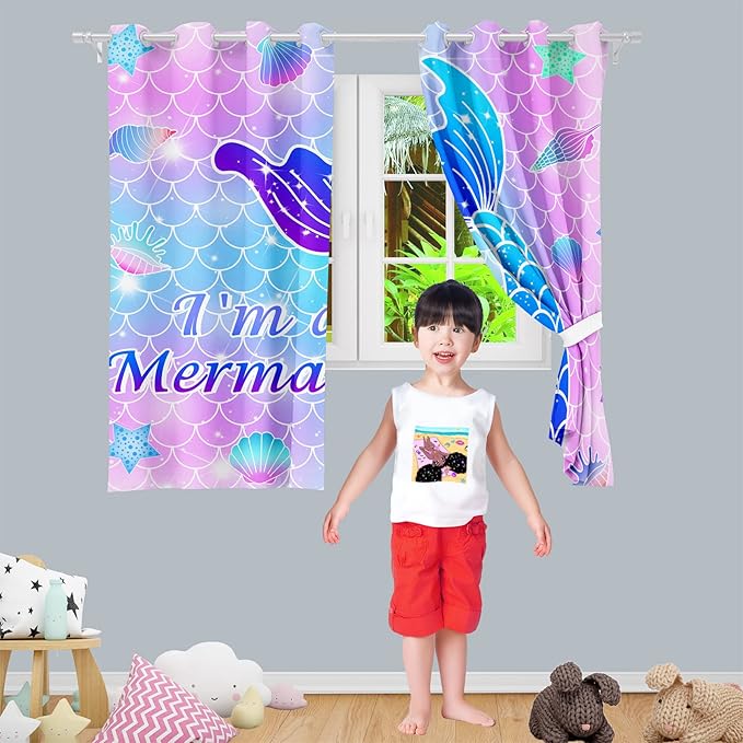 Mermaid Curtains Panels for Girls Room Pink Mermaid Blackout Curtains 63 inch Length for Girls Bedroom Living Nursery Room Grommet Top Thermal Insulated Curtains, 2 Pcs Panels, 82" x 63"