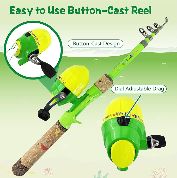 Kids Fishing Pole Set, Kids Fishing Rod and Reel Combo and Fishing Net Tackle Box with Fishing Lures Hooks and Bag for Boy, Girl, Youth, Beginner, Over 3 Years Old