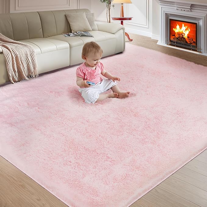 Ultra Soft Rug for Living Room, 9X12 Fluffy Shag Area Rug for Bedroom, Modern Shaggy Carpets Fuzzy Rug for Teens Dorm Nursery Home Decor Aesthetic, Upgrade Anti-Skid Durable, Pink