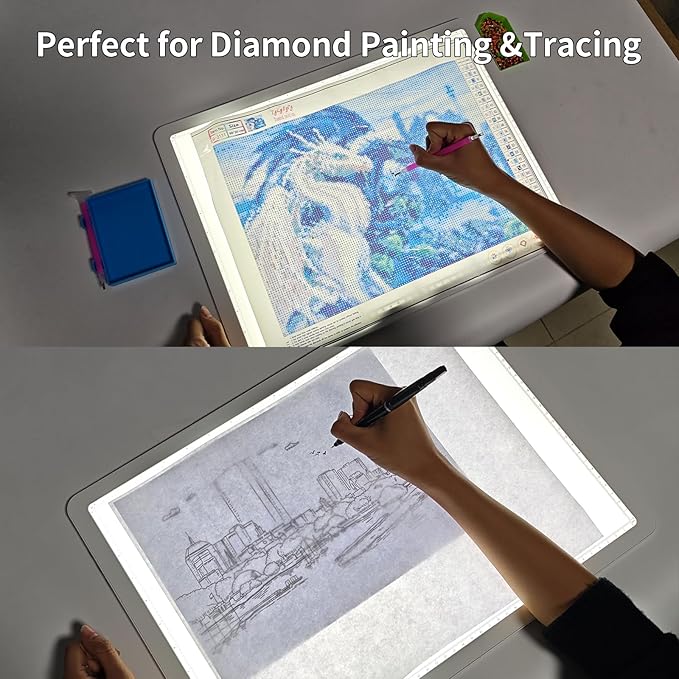 Phylosal Rechargeable A3 Light Pad with Carry Bag, Ultra-Thin Magnetic Tracing Light Box for Drawing, Diamond Art Painting Light Board with Side Button, Super Bright Light Table for Sketching (White)