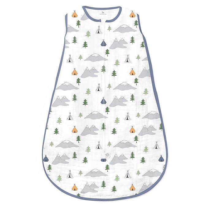 Amazing Baby Cotton Muslin Sleeping Sack, For Baby Boy or Girl, Wearable Blanket with 2-way Zipper, Outdoor Adventure, Denim, Small (0-6 Month)