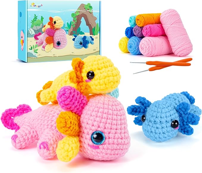 Crochet Kit for Beginners-3PCS Axolotl Crochet Kits for Adults Kids, Crochet Starter Kit with Step-by-Step Video Tutorials, Crochet Animals Kits DIY Craft Knitting Kit Learn to Crochet Kits for Adults