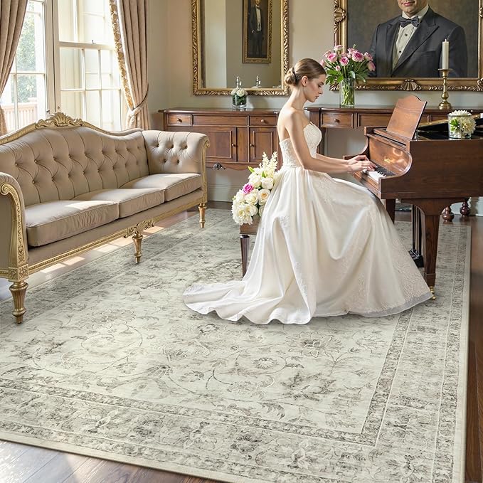 LIVEBOX Washable Area Rug 9x12 Rugs for Living Room Bedroom, Non-Slip Boho Indoor Carpet for Dining Room Office, Low-Pile Farmhouse Soft Carpets for Kids Nursery Room Playroom, Taupe