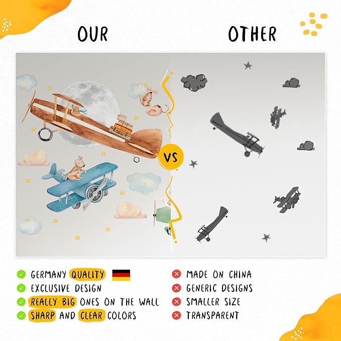 Airplane Wall Decals by Lipastick - 47-Piece Watercolor Vintage Plane Stickers for Kids, Boys Room, Baby Nursery, Toddler Bedroom Decor - Premium Vinyl Aircraft Art - XXL Size