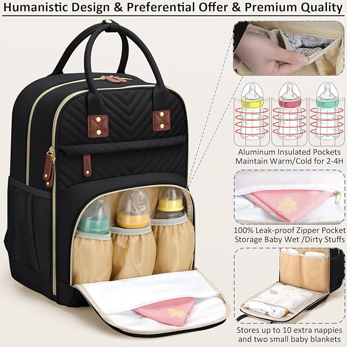 Diaper Bag Backpack for Women with Changing Pad, Baby Bag with Insulated Pockets Multifunctional Diaper Bags For Baby Girl Boy Waterproof Baby Bags For Boys Girls Maternity Bag Black