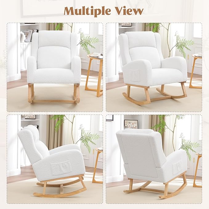 Rocking Chair Nursery, Nursing Rocking Chairs for Mom Nursery, Comfy Wingback Glider Rocking Armchair with Side Pocket for Nursery Living Room Bedroom, Teddy White