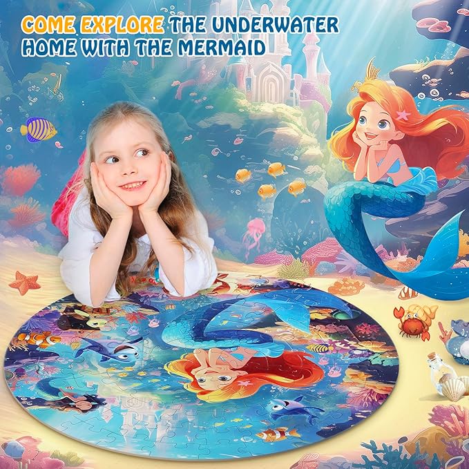 Floor Puzzles for Kids Ages 3-5, 70 Pieces Mermaid Jigsaw Puzzle for Toddler Girls Ages 3 4 5 6 7 8 Year Old, Large Round Underwater Princess Puzzle Educational Learning Toys Birthday Gift