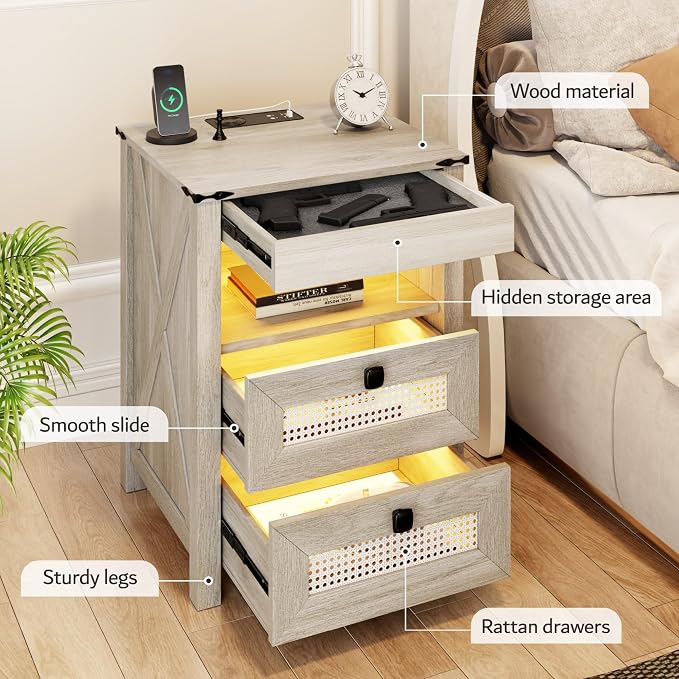Grey Night Stand Set 2 with Gun Drawer, Bedside Table with Charging Station - Image 7