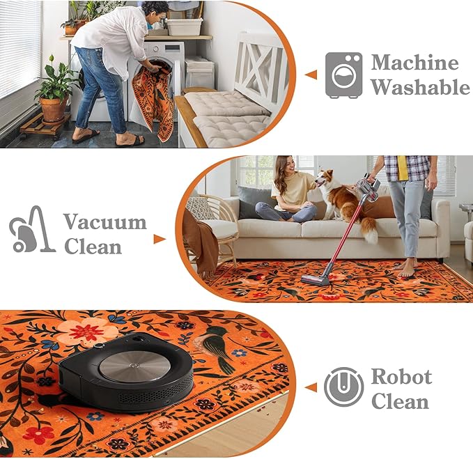 Moynesa Washable Rugs 8x10, Ultra Thin Boho Bird Living Room Area Rug Stain Resistance, Indoor Soft Orange Floral Large Easy Clean Carpet for Bedroom Dining Room Under Table Kid Playroom