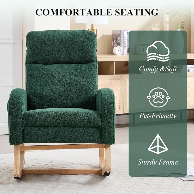 NIOIIKIT Oversized Nursery Rocking Chair, Teddy Upholstered Glider Chair with Footrest, Large Glider Rocker with Side Pocket, Rocking Accent Chair, Glider Recliner for Living Room (Green Teddy)