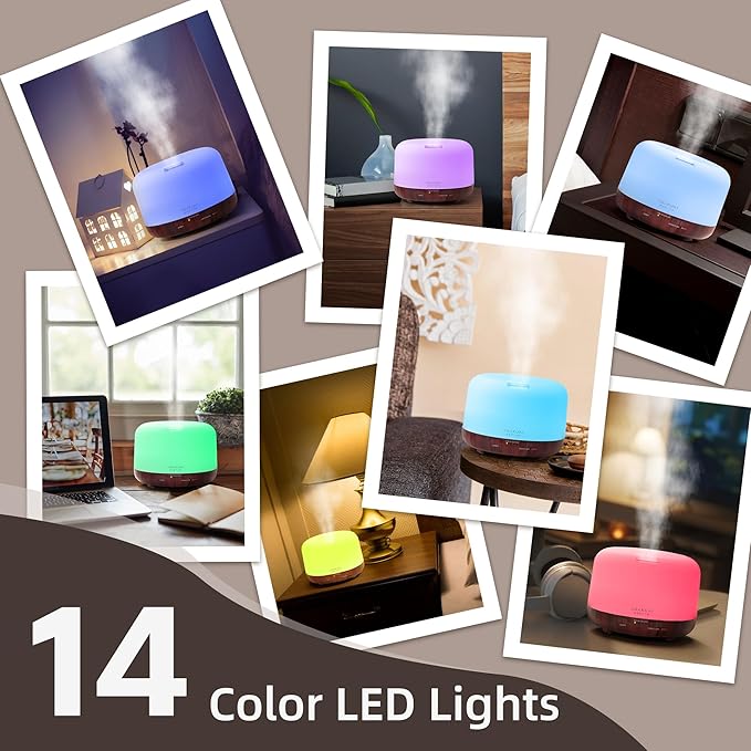 ASAKUKI Essential Oil Diffuser for Home, 500ml Aromatherapy Fragrant Oil Humidifier Vaporizer, 7-Color Light and Auto-Off Safety Switch Reddish-Brown