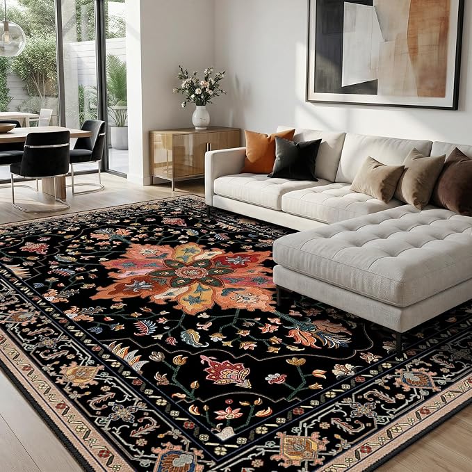 RELEANY Area Rugs 8'x10' Washable Non-Slip, Floral Vintage Distress Print by RELEANY