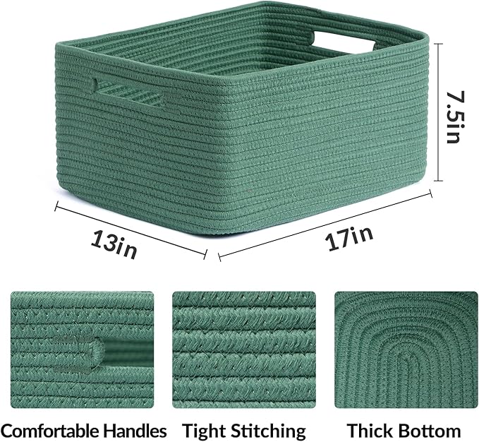 Large Storage Baskets for Shelves, Closet Organizers Bins for Clothes Blanket Towels, Baby Nursery, Toy Baskets Box, Woven Rope Baskets, 17 x 13 x 7.5”, 3 Packs Green
